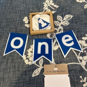 Mudpie first birthday hat, plate, and high chair banner